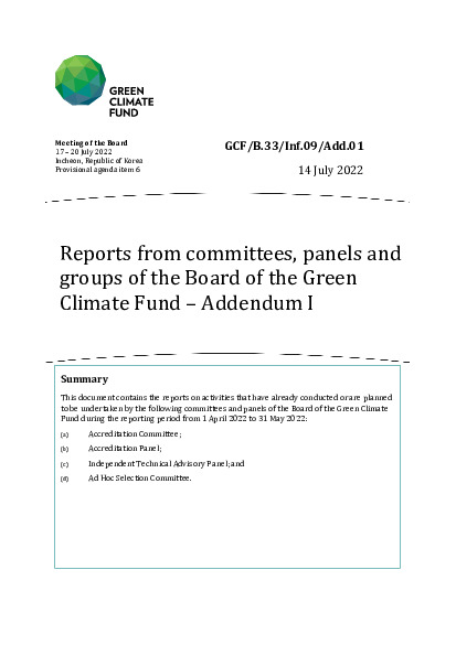 Download Reports from committees, panels and groups of the Board of the Green Climate Fund – Addendum I Document cover for Reports from committees, panels and groups of the Board of the Green Climate Fund – Addendum I