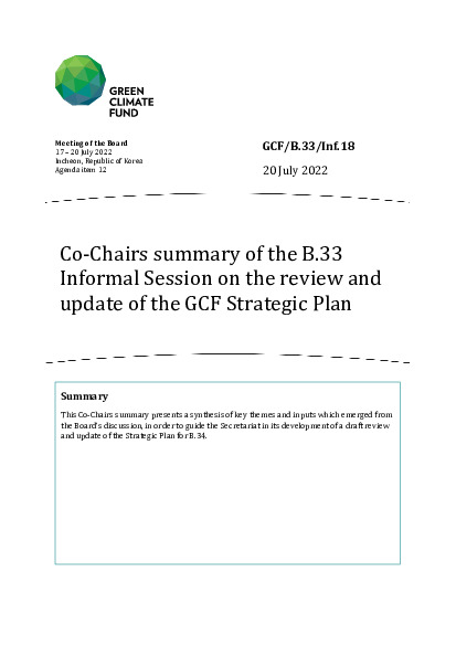 Document cover for Co-Chairs summary of the B.33 Informal Session on the review and update of the GCF Strategic Plan 