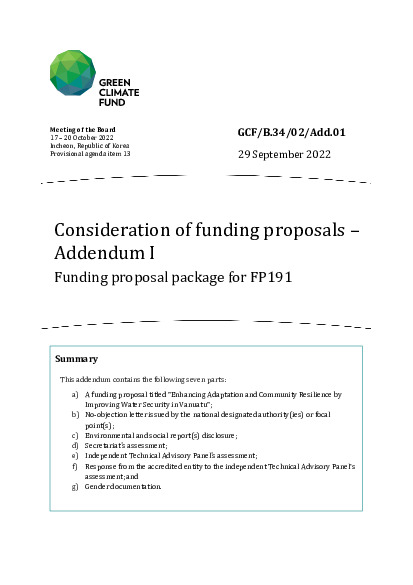 Document cover for Consideration of funding proposals – Addendum I Funding proposal package for FP191