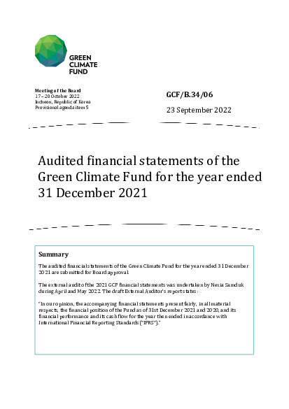 Download Audited financial statements of the Green Climate Fund for the year ended 31 December 2021 Document cover for Audited financial statements of the Green Climate Fund for the year ended 31 December 2021