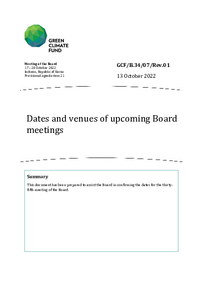 Document cover for Dates and venues of upcoming Board meetings
