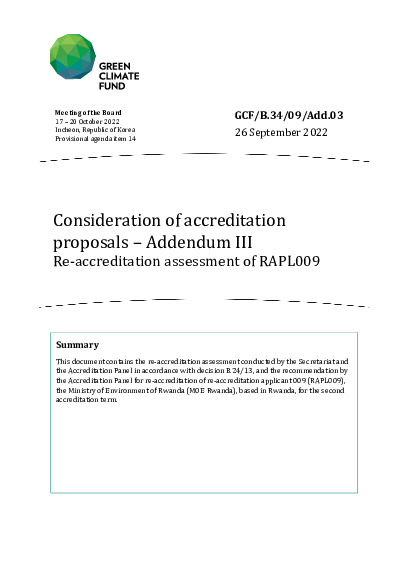 Document cover for Consideration of accreditation proposals – Addendum III: Re-accreditation assessment of RAPL009