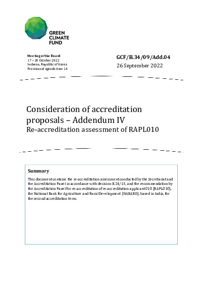 Document cover for Consideration of accreditation proposals – Addendum IV: Re-accreditation assessment of RAPL010