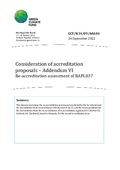Document cover for Consideration of accreditation proposals – Addendum VI: Re-accreditation assessment of RAPL037