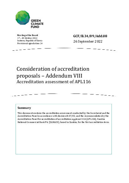 Document cover for Consideration of accreditation proposals – Addendum VIII: Accreditation assessment of APL116