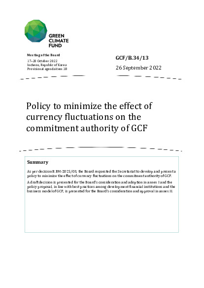 Document cover for Policy to minimize the effect of currency fluctuations on the commitment authority of GCF