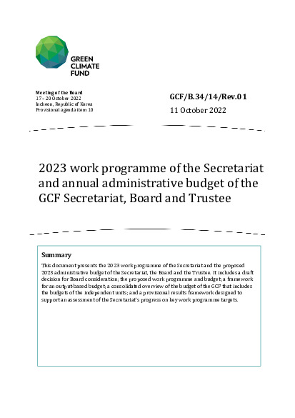 Download 2023 work programme of the Secretariat and annual administrative budget of the GCF Secretariat, Board and Trustee Document cover for 2023 work programme of the Secretariat and annual administrative budget of the GCF Secretariat, Board and Trustee