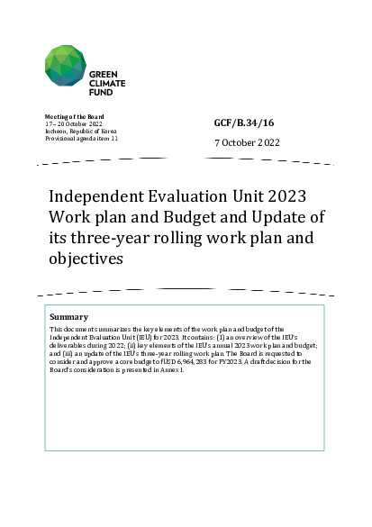 Document cover for Independent Evaluation Unit 2023 Work plan and Budget and Update of its three-year rolling work plan and objectives