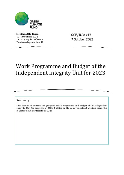 Document cover for Work Programme and Budget of the Independent Integrity Unit for 2023
