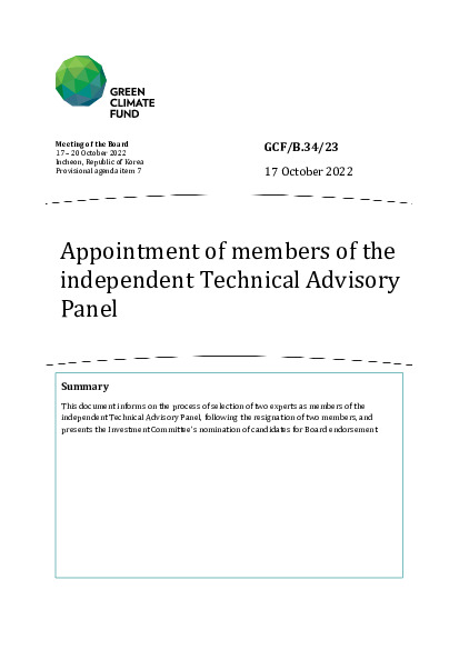 Document cover for Appointment of members of the independent Technical Advisory Panel 