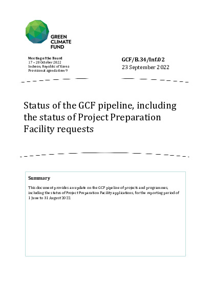 Document cover for Status of the GCF pipeline, including the status of Project Preparation Facility requests