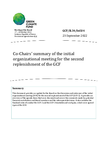 Document cover for Co-Chairs’ summary of the initial organizational meeting for the second replenishment of the GCF