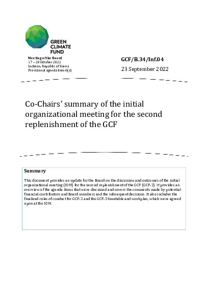 Download Co-Chairs’ summary of the initial organizational meeting for the second replenishment of the GCF Document cover for Co-Chairs’ summary of the initial organizational meeting for the second replenishment of the GCF