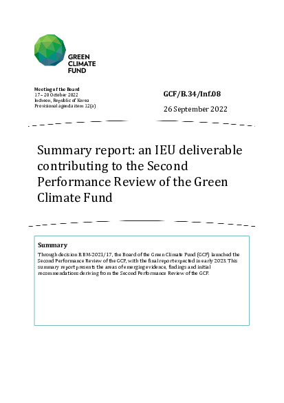 Download Summary report: an IEU deliverable contributing to the Second Performance Review of the Green Climate Fund Document cover for Summary report: an IEU deliverable contributing to the Second Performance Review of the Green Climate Fund