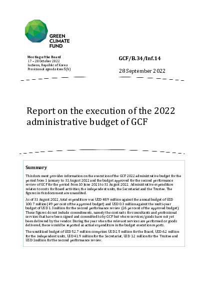 Download Report on the execution of the 2022 administrative budget of GCF Document cover for Report on the execution of the 2022 administrative budget of GCF