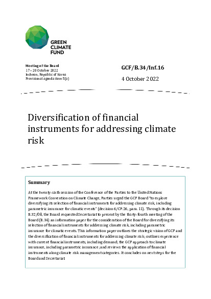 Document cover for Diversification of financial instruments for addressing climate risk