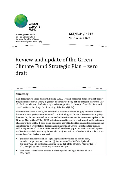 Document cover for Review and update of the Green Climate Fund Strategic Plan – zero draft