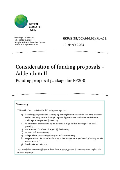 Document cover for Consideration of funding proposals – Addendum II Funding proposal package for FP200