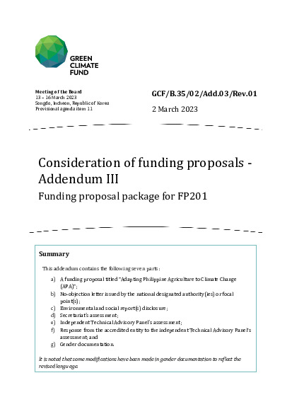 Document cover for Consideration of funding proposals - Addendum III Funding proposal package for FP201