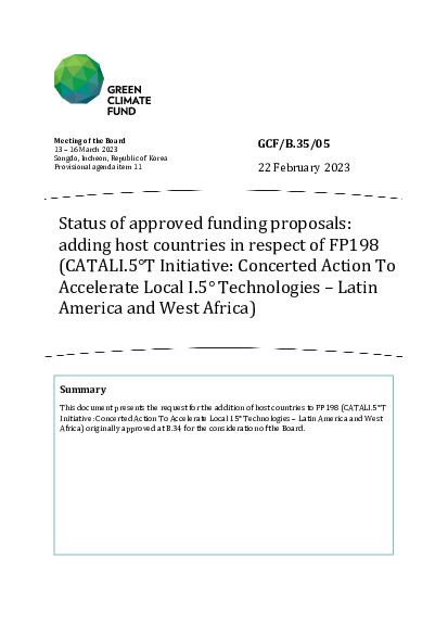 Document cover for Status of approved funding proposals: adding host countries in respect of FP198 (CATALI.5°T Initiative: Concerted Action To Accelerate Local I.5° Technologies – Latin America and West Africa)