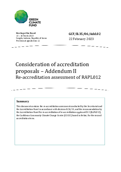 Document cover for Consideration of accreditation proposals – Addendum II Re-accreditation assessment of RAPL012