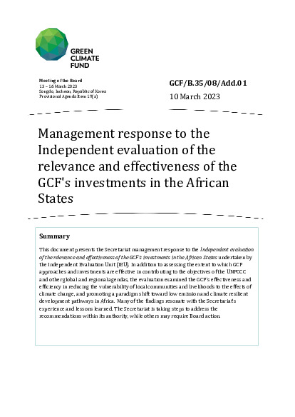 Document cover for Management response to the Independent evaluation of the relevance and effectiveness of the GCF's investments in the African States
