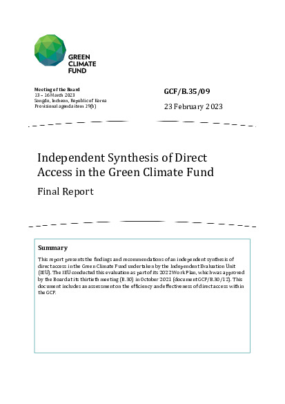 Document cover for Independent Synthesis of Direct Access in the Green Climate Fund: Final Report