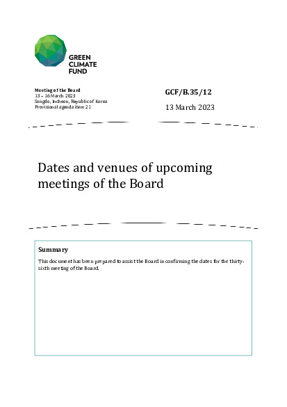 Document cover for Dates and venues of upcoming meetings of the Board