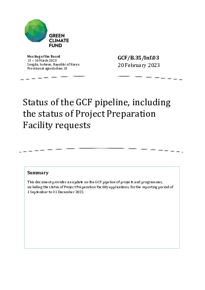 Document cover for Status of the GCF pipeline, including the status of Project Preparation Facility requests