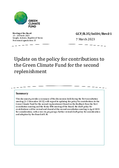 Document cover for Update on the policy for contributions to the Green Climate Fund for the second replenishment