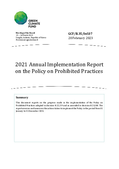 Document cover for 2021 Annual Implementation Report on the Policy on Prohibited Practices