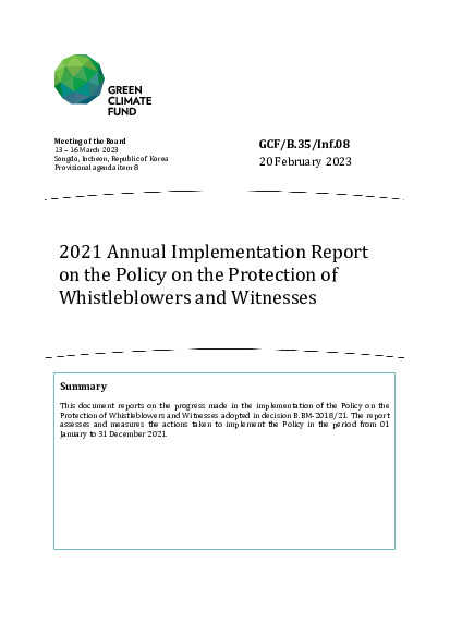 Document cover for 2021 Annual Implementation Report on the Policy on the Protection of Whistleblowers and Witnesses