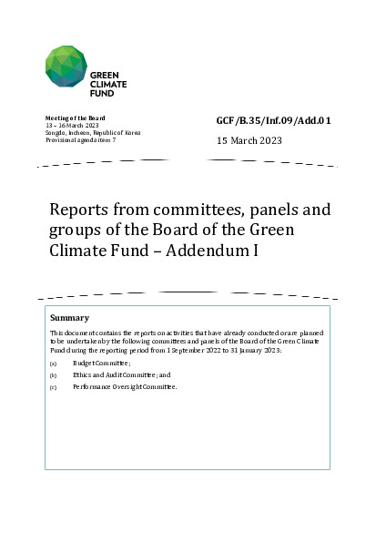 Document cover for Reports from committees, panels and groups of the Board of the Green Climate Fund - Addendum I