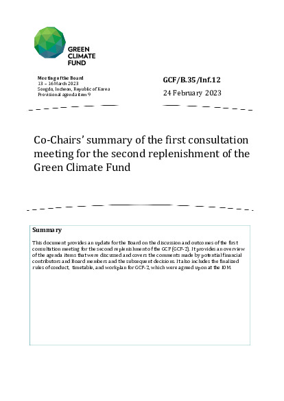 Document cover for Co-Chairs’ summary of the first consultation meeting for the second replenishment of the Green Climate Fund