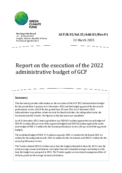 Document cover for Report on the execution of the 2022 administrative budget of GCF