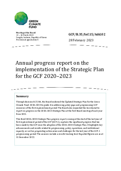 Document cover for Annual progress report on the implementation of the Strategic Plan for the GCF 2020–2023