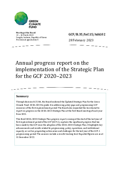 Download Annual progress report on the implementation of the Strategic Plan for the GCF 2020–2023 Document cover for Annual progress report on the implementation of the Strategic Plan for the GCF 2020–2023