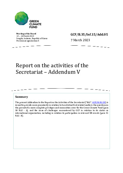 Document cover for Report on the activities of the Secretariat – Addendum V