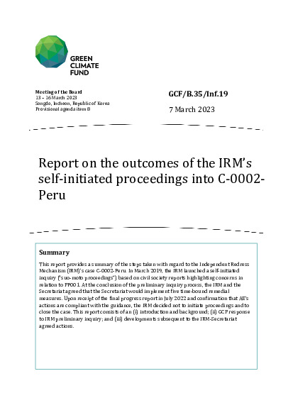 Download Report on the outcomes of the IRM’s self-initiated proceedings into C-0002-Peru Document cover for Report on the outcomes of the IRM’s self-initiated proceedings into C-0002-Peru