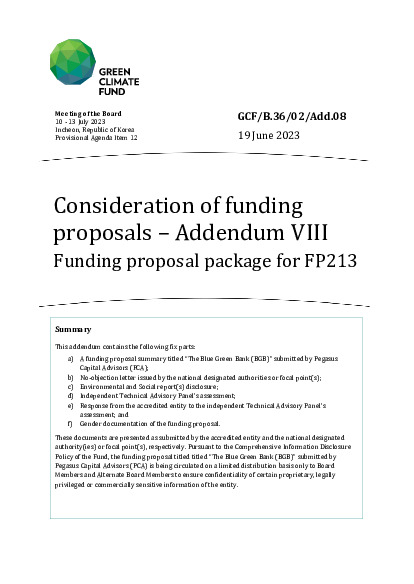 Document cover for Consideration of funding proposals – Addendum VIII Funding proposal package for FP213