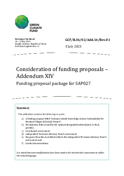 Document cover for Consideration of funding proposals – Addendum XIV Funding proposal package for SAP027