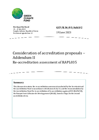 Document cover for Consideration of accreditation proposals – Addendum II Re-accreditation assessment of RAPL035