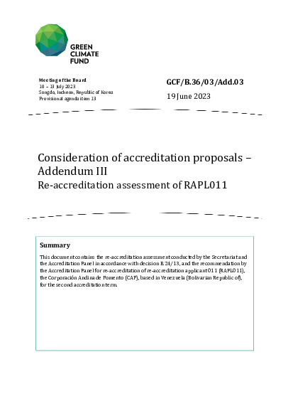 Document cover for Consideration of accreditation proposals – Addendum III Re-accreditation assessment of RAPL011