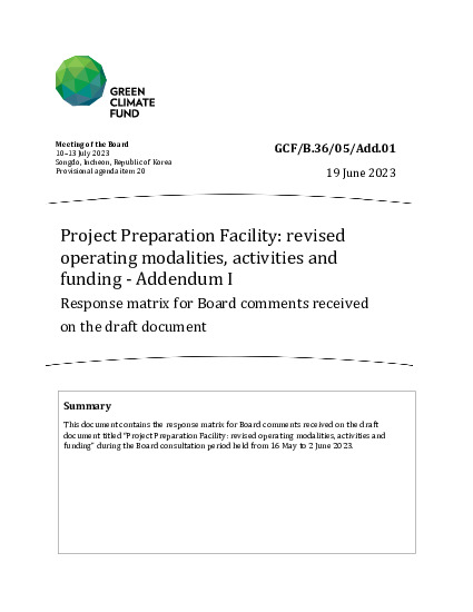 Document cover for Project Preparation Facility: revised operating modalities, activities and funding - Addendum I Response matrix for Board comments received on the draft document 