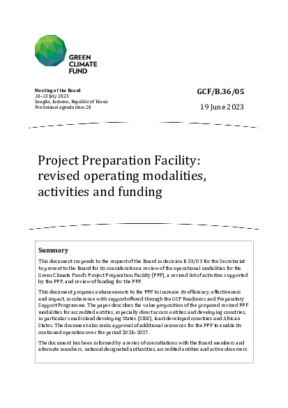 Document cover for Project Preparation Facility: revised operating modalities, activities and funding