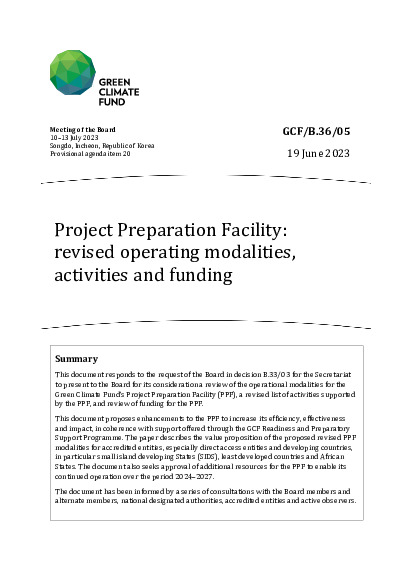 Download Project Preparation Facility: revised operating modalities, activities and funding Document cover for Project Preparation Facility: revised operating modalities, activities and funding