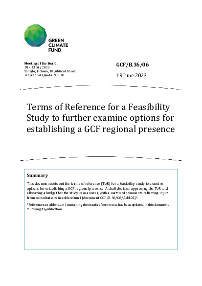 Document cover for Terms of Reference for a Feasibility Study to further examine options for establishing a GCF regional presence