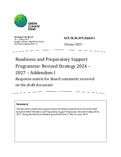 Document cover for Readiness and Preparatory Support Programme: Revised Strategy 2024 – 2027 – Addendum I: Response matrix for Board comments received on the draft document