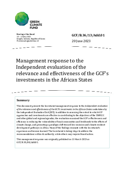 Download Management response to the Independent evaluation of the relevance and effectiveness of the GCF's investments in the African States Document cover for Management response to the Independent evaluation of the relevance and effectiveness of the GCF's investments in the African States