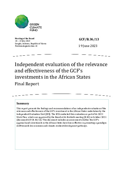 Document cover for Independent evaluation of the relevance and effectiveness of the GCF’s investments in the African States 